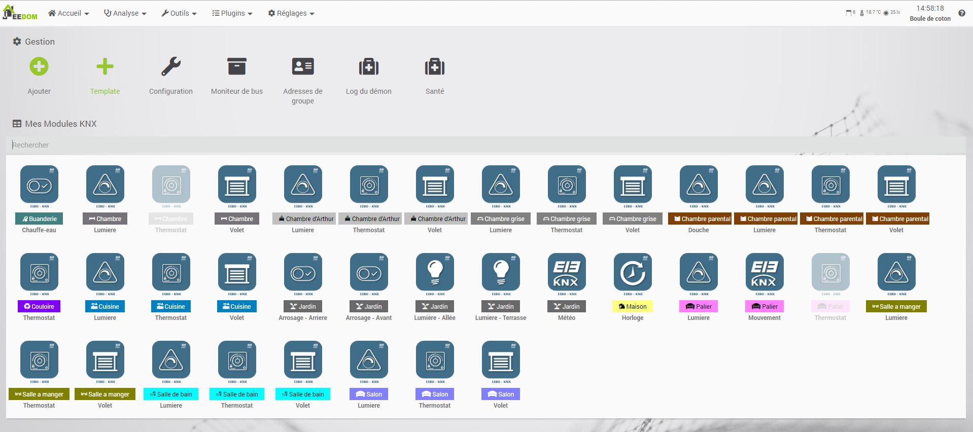 Page principal qui liste tous les equipemements configurer